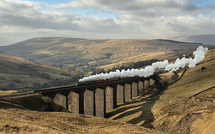 railway, hills, train, field, sunlight, shadow, bridge, trees, Harry Potter, steam locomotive, clouds, bricks, arch, nature, landscape, HD wallpaper