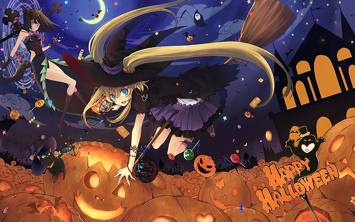 Happy Halloween anime digital wallpaper, girls, anime, candy, pumpkin, halloween, hats, witches, broom, HD wallpaper
