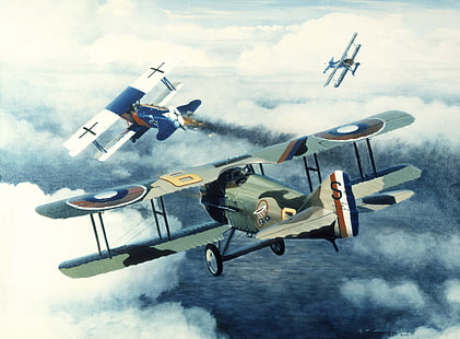 три биплана цифровые обои, небо, рисунок, франция, арт, самолеты, немецкий, воздушный бой, WW2, одиночный, западный фронт, «Recession-Vll», 22 октября 1918 года, истребитель-биплан, The Fokker D. VII, истребитель-биплан,французкий язык, HD обои HD wallpaper