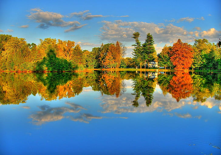 Amazing Lake Reflection, lovely, lake, cabin, reflections, lakeshore, nice, shore, beautiful, water, trees, riverbank, mirror, HD wallpaper