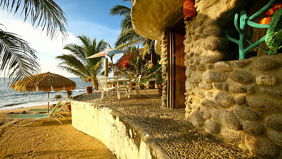 dom z szarego betonu, budynek, plaża, piasek, palmy, Tapety HD HD wallpaper