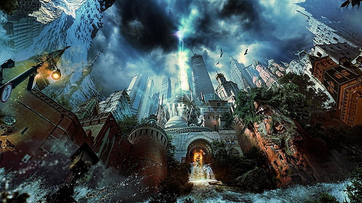 szary zamek ilustracja, wodospad, zamek, burza, sztuka fantasy, dzieło sztuki, Tapety HD