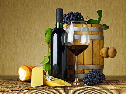 бутылка вина и бокал, листья, стол, вино, красное, бокал, бутылка, сыр, хлеб, виноград, багет, коврик, бочка, HD обои HD wallpaper