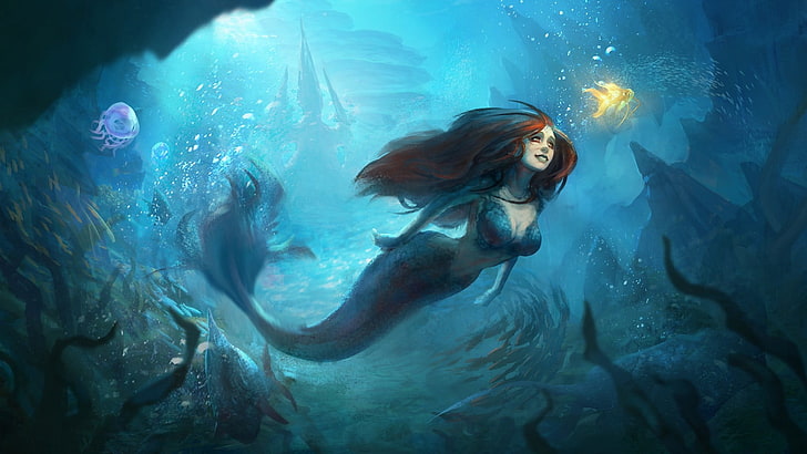 حورية البحر ، تحت الماء ، فن الخيال ، عالم الخيال ، عالم تحت الماء ، حكاية خيالية ، فن القصص الخيالية ، حكاية خرافية ، دريم لاند ، بحر ، سباحة، خلفية HD