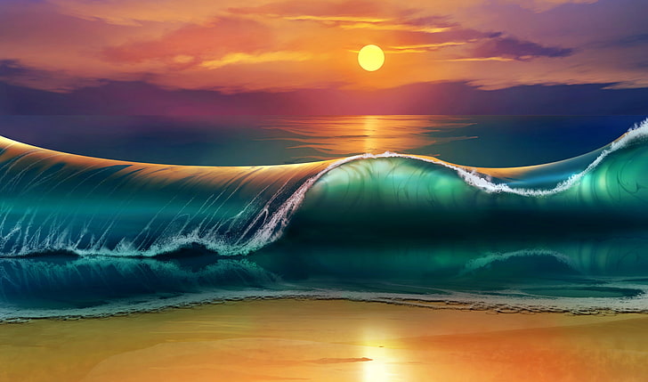 gelombang laut pada siang hari ilustrasi, seni, matahari terbenam, pantai, laut, ombak, Wallpaper HD