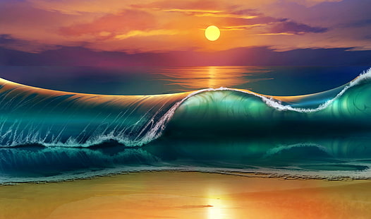 морска вълна през деня илюстрация, изкуство, залез, плаж, море, вълни, HD тапет HD wallpaper
