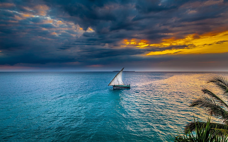 sailboat on body of water, sunset, sea, sky, sailing ship, nature, landscape, water, tropical, clouds, Africa, HD wallpaper