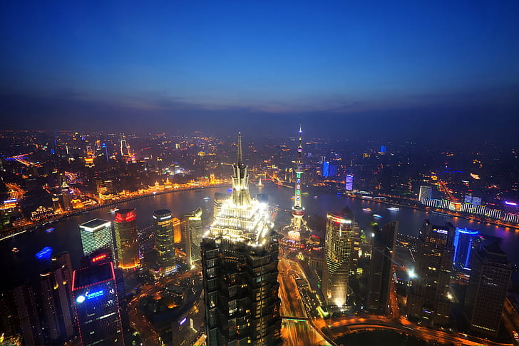 небо, свет, ночь, горизонт, Китай, Шанхай, Восточная жемчужина башни, башня Цзинь Мао, река Хуанпу, Shimao International Plaza, HD обои