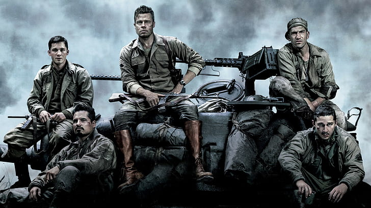 Brad Pitt in Fury movie, Fury, Brad Pitt, Tank, M4 Sherman, crew, HD wallpaper