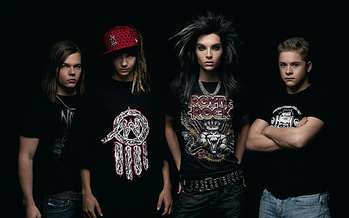 Tokio Hotel Band, cuatro hombres en camisas negras, rock, póster, foto, Fondo de pantalla HD HD wallpaper