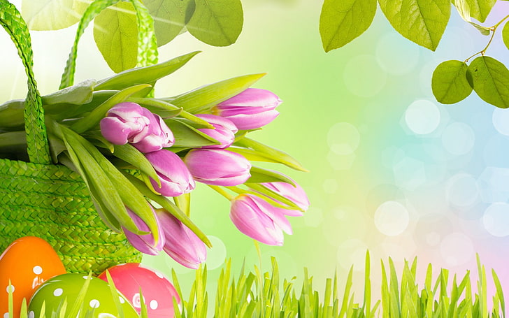 Великден, яйца, цветя, трева, листа, пролет, лалета, HD тапет
