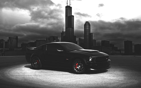 Ford Mustang coche negro, noche oscura, ciudad, cupé negro, Ford, Mustang, negro, coche, oscuro, noche, ciudad, Fondo de pantalla HD HD wallpaper