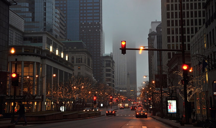 lampu lalu lintas hitam, jalan antara gedung-gedung tinggi, perkotaan, lanskap kota, jalan, Chicago, Wallpaper HD