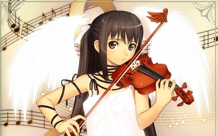 personaje de anime femenino tocando el fondo de pantalla digital de violín, niña, morena, violín, arco, notación musical, estándar, Fondo de pantalla HD