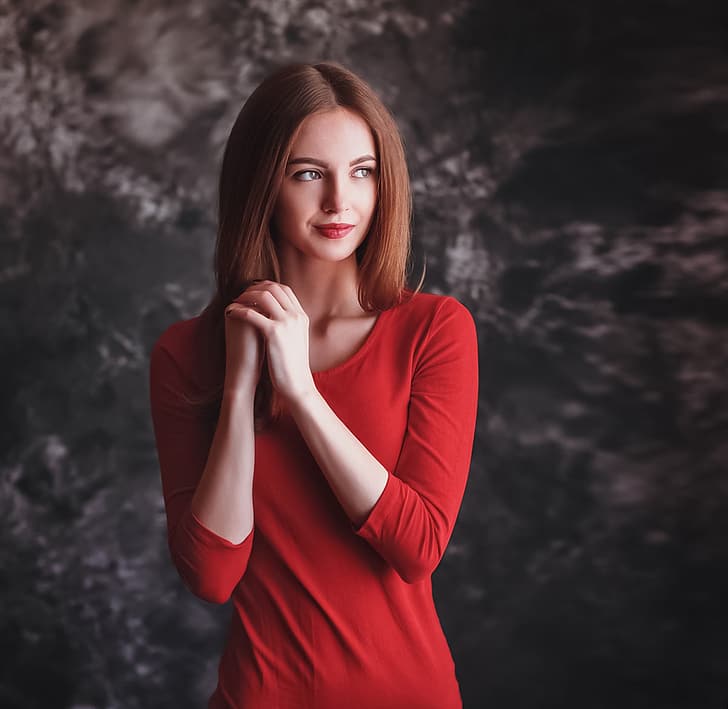Aleksei Gilev, mulher, morena, desviando o olhar, roupas vermelhas, maquiagem, fundo simples, HD papel de parede