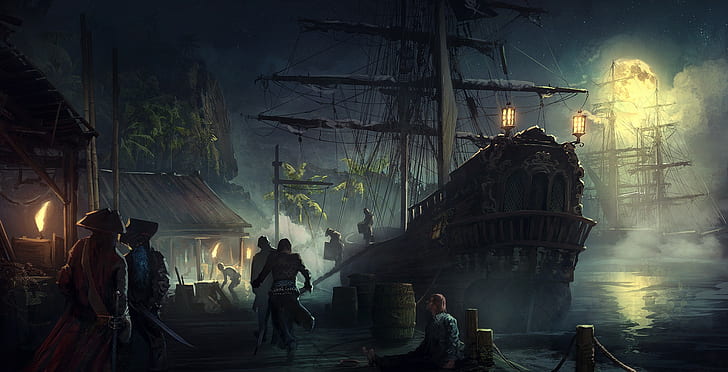 piratas, barco, arte de fantasía, Fondo de pantalla HD