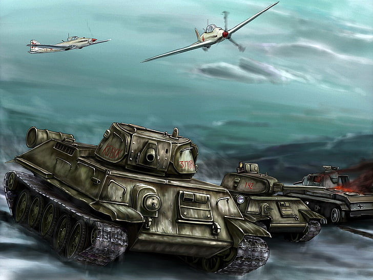 three battle tanks graphic, war, figure, battle, art, tanks, aircraft, offensive, T-34-76, Il-2, The great Patriotic war, HD wallpaper
