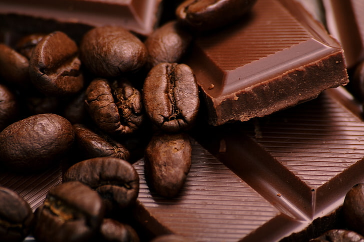 grãos de café e barras de chocolate, café, doçura, chocolate, grãos, sobremesa, HD papel de parede