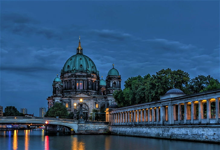 Catedrais, Catedral de Berlim, Berlim, Ponte, Cidade, Cúpula, Crepúsculo, À noite, Rio, Crepúsculo, HD papel de parede