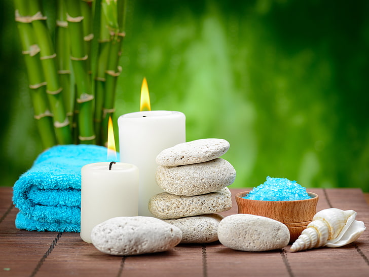 two white candles, stones, Spa, bamboo, candles, salt, zen, bath salt, HD wallpaper