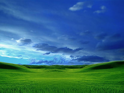 fält för grönt gräs, fönster, kullar, gräs, himmel, Windows XP, HD tapet HD wallpaper
