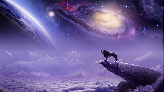 природа, рев, вселенная, космос, фэнтези арт, лев, пурпурный, небо, земля, планета, HD обои HD wallpaper