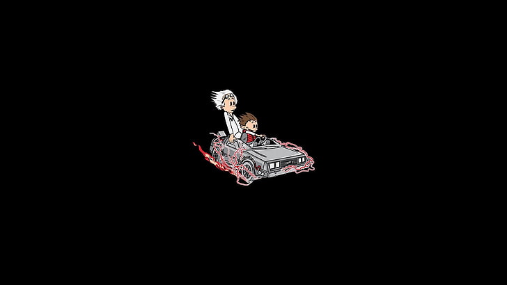 homme au volant d'une illustration de véhicule, Retour vers le futur, Calvin et Hobbes, minimalisme, humour, arrière-plan simple, Fond d'écran HD