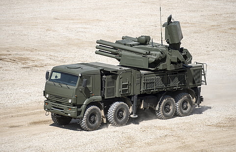 caminhão de guerra cinza, russo, complexo, autopropulsor, Pantsir-S1, míssil e arma, antiaéreo, (Zrpk), terrestre, HD papel de parede HD wallpaper