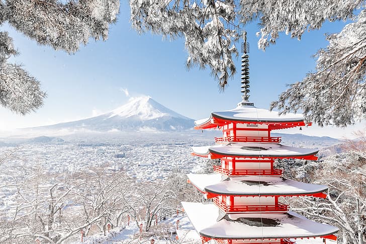 vinter, snö, träd, grenar, berg, vulkanen, Japan, Fuji, pagod, berget Fuji, Chureito-pagoden, Fujiyoshida, Красная пагода, Пагода Чурейто, HD tapet