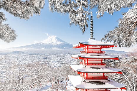  winter, snow, trees, branches, mountain, the volcano, Japan, Fuji, pagoda, Mount Fuji, Chureito Pagoda, Fujiyoshida, Красная пагода, Пагода Чурейто, HD wallpaper HD wallpaper