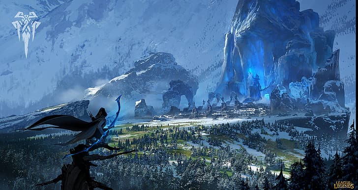 League of Legends ، Ashe (League of Legends) ، Freljord ، المناظر الطبيعية ، فن الخيال ، مدينة الخيال ، الغابة ، الجبال ، الثلج، خلفية HD