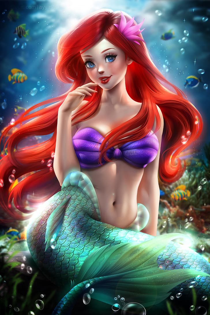 Disney, Disney princesses, illustration, artwork, digital art, fan art, AyyaSAP, Ayya Saparniyazova, The Little Mermaid, redhead, belly, HD wallpaper