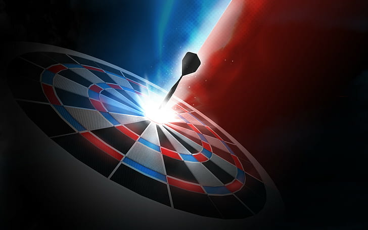 digital art, sport, darts, dartboard, glowing, red, blue, dots, HD wallpaper