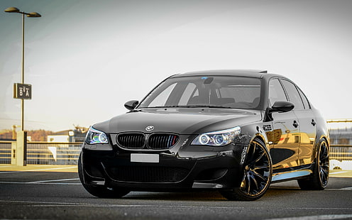 BMW M5 E60, bmw, m5, E60, black, Sedan, parking, sky, HD wallpaper HD wallpaper