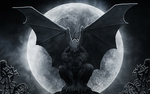Gargoyle Moon, พระจันทร์เต็มดวง, โกธิค, การ์กอยล์, 3 มิติและนามธรรม, วอลล์เปเปอร์ HD HD wallpaper