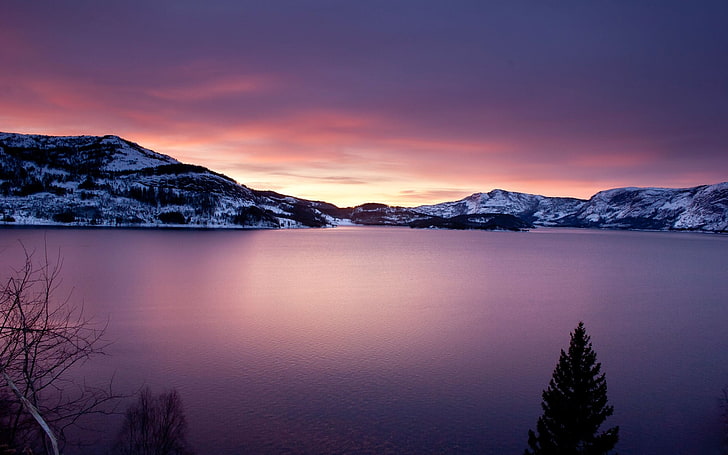 czysty zbiornik wodny, przyroda, krajobraz, góry, śnieg, zima, Norwegia, zachód słońca, drzewa, las, woda, jezioro, Tapety HD