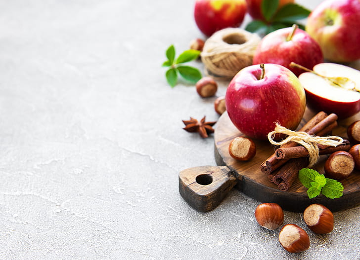 Buah-buahan, Apple, Kayu Manis, Hazelnut, Still Life, Wallpaper HD