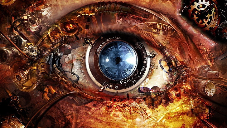 illustrazione della palla dell'occhio blu e nero, steampunk, 3D, opera d'arte, occhi, arte digitale, tecnologia, lente, macchina, Sfondo HD