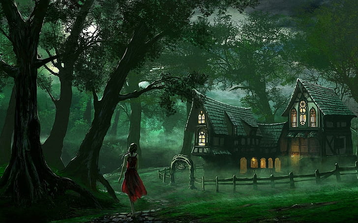 Fairy Tale Night, woman in red dress walking near house painting, fairy tale, night, fantasy, house, girl, 3d and abstract, HD wallpaper