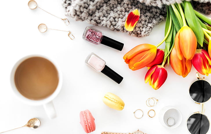earrings, glasses, tulips, buds, lacquer, HD wallpaper