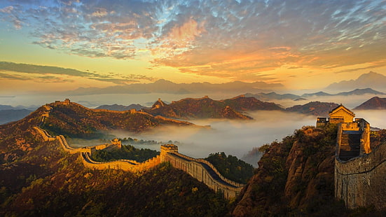 природа, небе, зора, Велика стена, планина, изгрев, Китай, сутрин, планински пейзаж, мъглив, туристическа атракция, Badaling, хоризонт, планинска верига, пейзаж, Пекин, HD тапет HD wallpaper