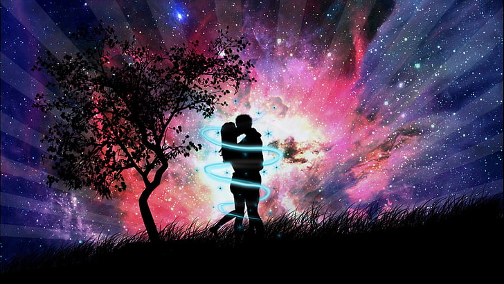 man and woman kissing clipart, grass, abstraction, tree, romance, figure, kiss, the evening, pair, HD wallpaper