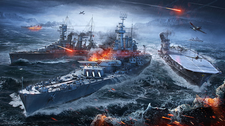 papel de parede de dois navios de guerra e um porta-aviões, mundo dos navios de guerra, rede de jogos de guerra, navios, mar, HD papel de parede