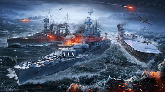 tapeta z dwoma okrętami wojennymi i jednym lotniskowcem, świat okrętów wojennych, sieć gier wojennych, statki, morze, Tapety HD HD wallpaper
