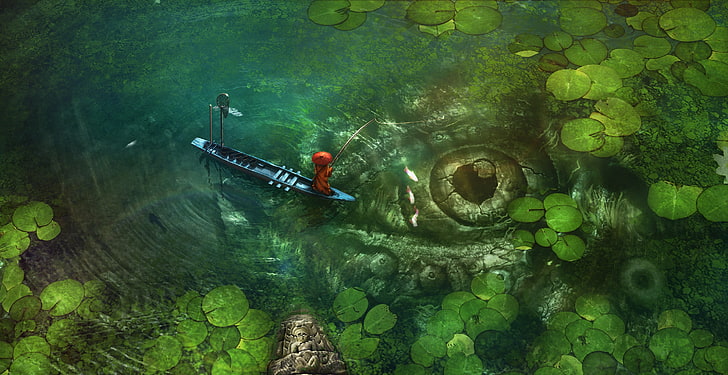 aerial photo of person riding kayak, fishing, eyes, pond, artwork, boat, fantasy art, fishing rod, plants, nature, HD wallpaper