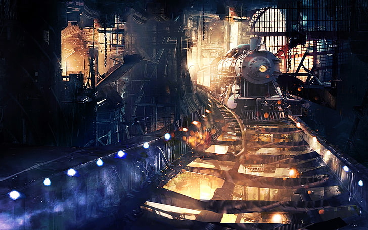 czarny pociąg na węgiel drzewny, dzieło sztuki, fantasy art, sztuka cyfrowa, pociąg, lokomotywa parowa, stacja kolejowa, steampunk, Tapety HD