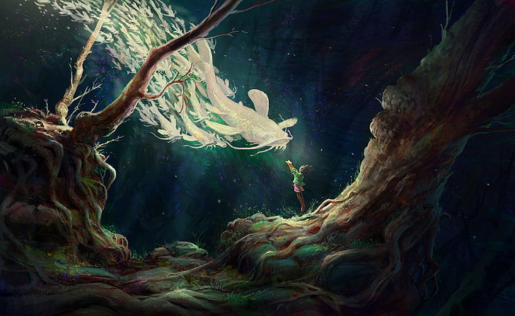 fondo de pantalla del juego, ilustraciones, arte de fantasía, peces, bajo el agua, espíritu, espíritus, niños, árboles, Fondo de pantalla HD