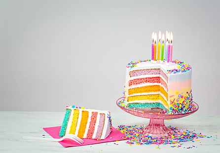 anniversaire, coloré, gâteau, joyeux anniversaire, célébration, bougies, décoration, Fond d'écran HD HD wallpaper