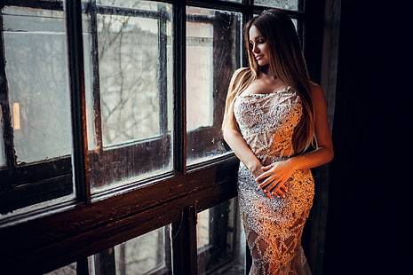 여자, Ivan Gorokhov, 인물, 하얀 드레스, 창, 금발, HD 배경 화면 HD wallpaper