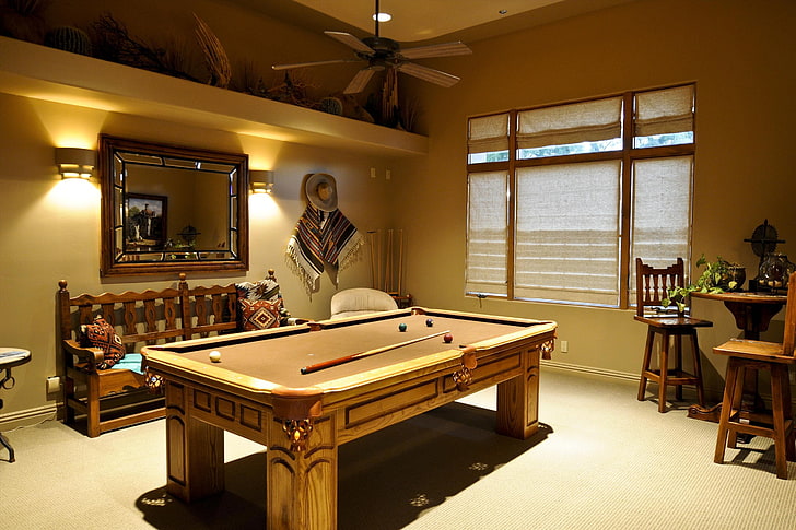 brown pool table, table, room, balls, Billiards, game, cue, interior, tables, chair., desigen, billiard, HD wallpaper